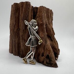 Vintage Sterling Silver 925‎ & Gilt Gold Accent Golfing Woman Pendant Brooch